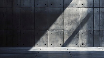 Concrete wall with sunlight streaming in creates an industrial architectural background and texture.