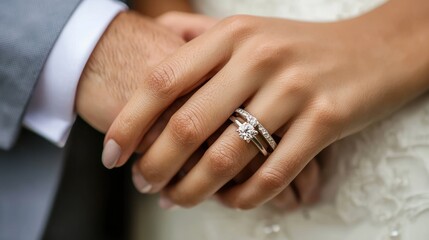 A close-up of a coupleâ€™s hands, showing their wedding rings and a new anniversary ring.