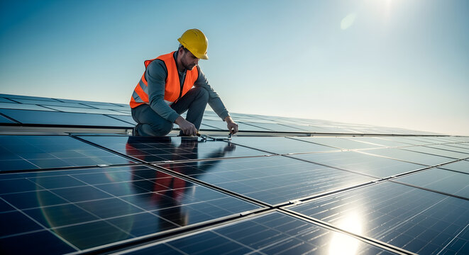 Engineer Installing Solar Panels on Rooftop Under Bright Sunlight for articles or blog posts about renewable energy, green jobs, solar power systems, or clean energy training programs