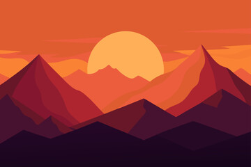sunset behind distant mountains casting long