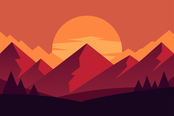 sunset behind distant mountains casting long