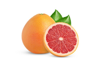 Juicy whole grapefruit and cut in a half with leaf isolated.