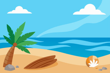 tropical beach with driftwood and seashells