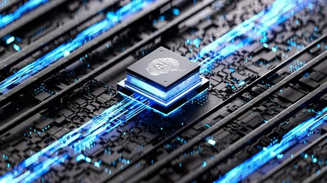 AI chip on a circuit board. Symbolizes technological advancement and artificial intelligence integration. 3d rendering, conceptual image.