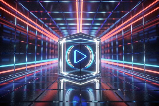 Futuristic Neon Play Button Cube in Vibrant Red and Blue Tunnel Design