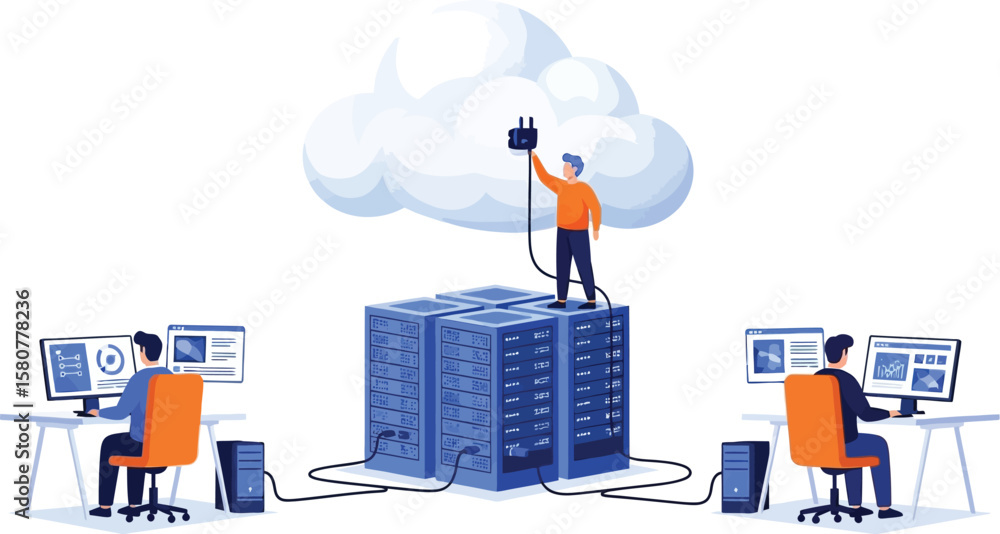 Aufkleber cloud computing services and solutions for business data storage and management illustration concept