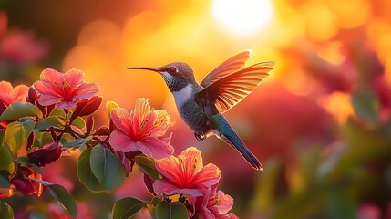 Fototapeta premium Hummingbird hovering near vibrant tropical flowers at sunset
