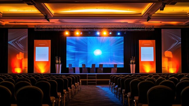 A conference stage with a large projector screen displaying presentations for the audience.