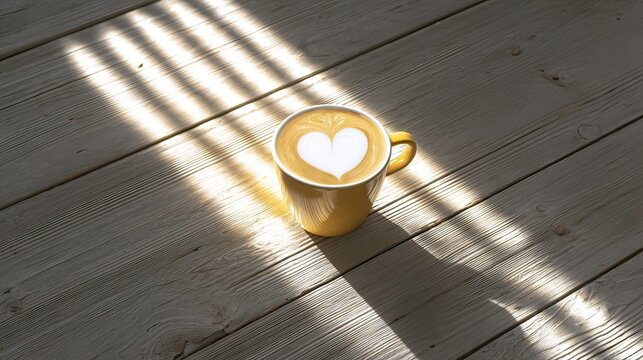 Sunlit Latte Art Heart in Yellow Mug on Wood - Powered by Adobe