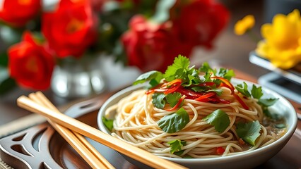 Steaming Pho noodles with fresh herbs on lacquer tray, representing Vietnam's inviting National Day cuisine.