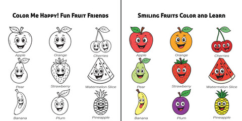 Cute Cartoon Fruits with Smiling Faces, Black and White Outline, and Colored Versions, Kids Coloring Book Style