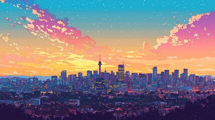 Obraz premium A skyline view of Johannesburg at sunset with skyscrapers and vibrant city life.