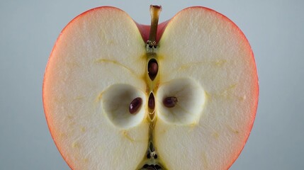 Closeup of apple cross section showing crisp white fruit glossy red skin