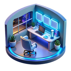 Gamer’s bedroom corner 3D render with RGB lights and cozy night mood