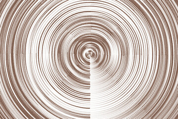 Abstract wooden spiral tunnel with swirling light and round metal rings, a 3D textured circle pattern design