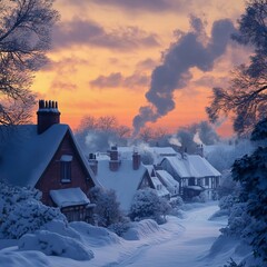 Fototapeta premium Tranquil Snowy Village A picturesque snowy village at dawn with smoke curling from chimneys serene and nostalgic