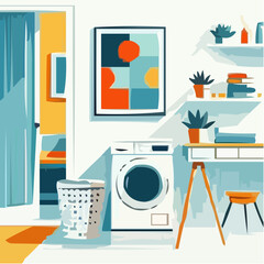 Modern laundry room with washing machine, plants, and colorful decor  