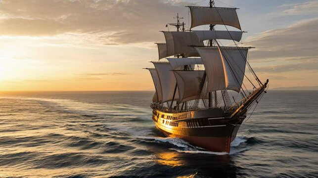 Vessel sails into the sunset across the ocean, a vintage pirate ship on a summer travel vacation