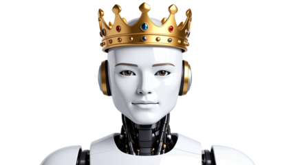 robot wearing a golden crown isolated on transparent background symbolic gesture for expansion of robots and technology