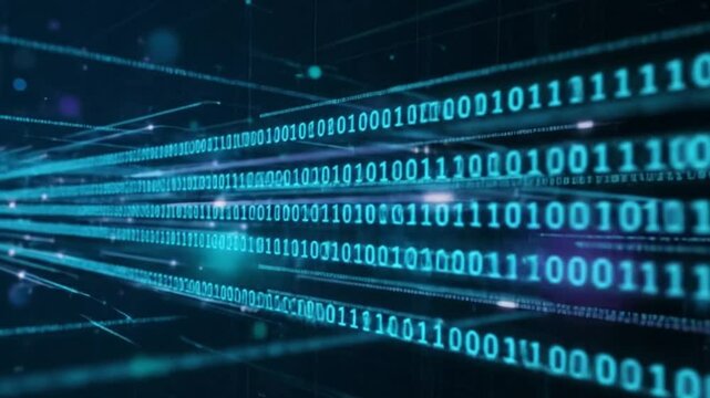 Streams of cyan binary code illuminate a grid background