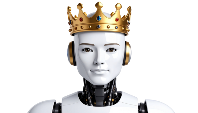 robot wearing a golden crown isolated on transparent background symbolic gesture for expansion of robots and technology