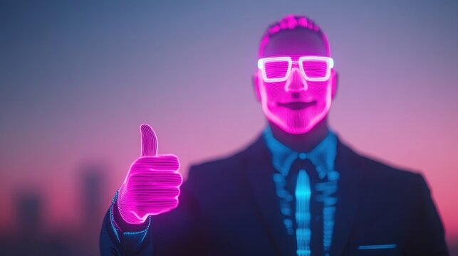 Stylish man with neon glasses giving thumbs up. - Powered by Adobe