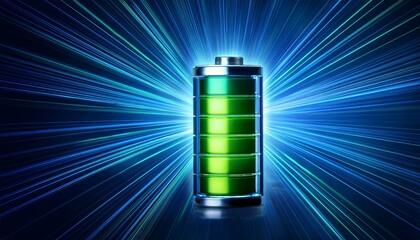 high capacity battery with glowing green energy levels illuminated by vibrant blue rays