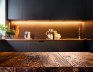 dark kitchen with wooden table and soft lighting on fuzzy kitchen background