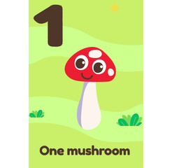  A cute red and white mushroom with big eyes and a smile stands alone on a bright green background with the English text 