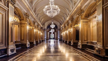 Fototapeta premium elegant palace corridor with ornate chandeliers illuminating marble floor