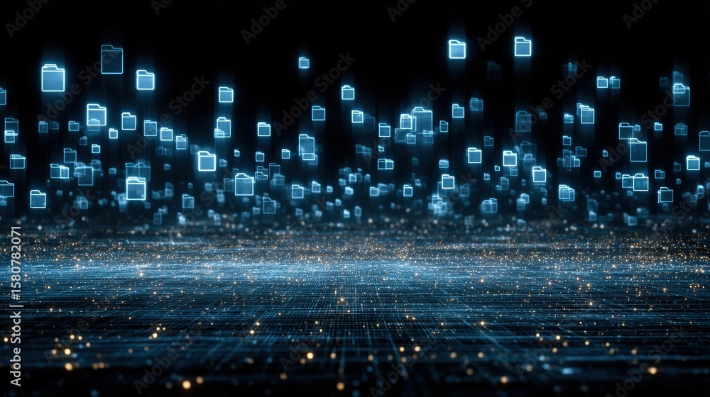Poster abstract network grid with files and folders, futuristic software interface, digital document manage