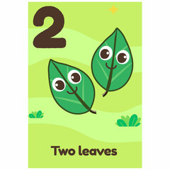 Two smiling green leaves with big eyes float on a light green background, labeled in English as 