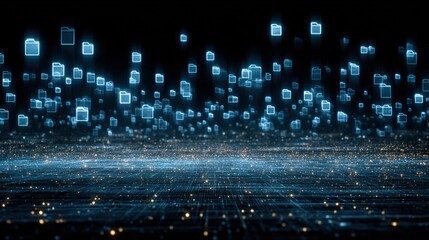 Abstract network grid with files and folders, futuristic software interface, digital document management system, store, search and organize documents, corporate business, paperless office