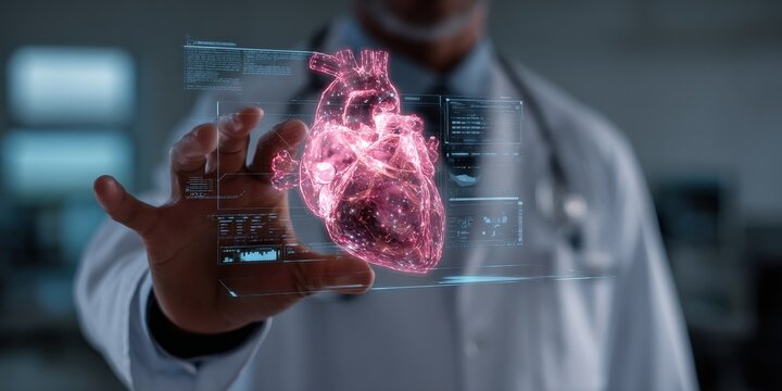 Doctor interacts with a 3D holographic model of a human heart.