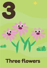  Three cheerful pink flowers with smiling faces bloom on a green field, with English text 