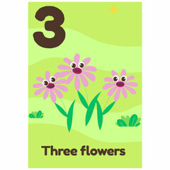  Three cheerful pink flowers with smiling faces bloom on a green field, with English text 