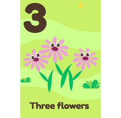  Three cheerful pink flowers with smiling faces bloom on a green field, with English text 