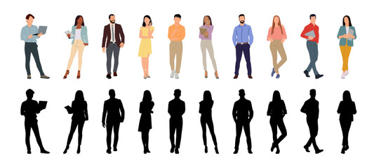 Vector detailed silhouettes set of standing people male and female full body front view with body gesture isolated on white background. Crowd, group of people vector illustration
