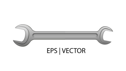 Realistic vector wrench or spanner isolated on white background. Close up silver metal stainless wrench. Top view. Two-way wrench tool.