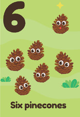 Six smiling brown pinecones are scattered across a green field with the English label 