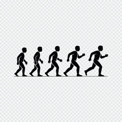 Evolution of human movement from standing to running illustrated with black stick figure icons on transparent background