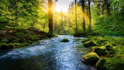 Obraz premium river flowing through lush green forest in spring