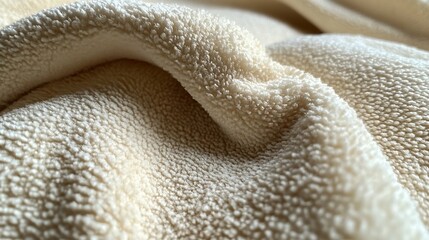 Close-up of creamy white sherpa fleece fabric texture offering softness and warmth for textiles