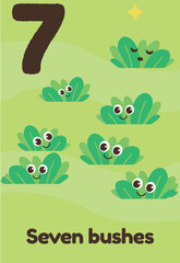 Seven happy green bushes with big expressive eyes are spread out on a grassy landscape, labeled 