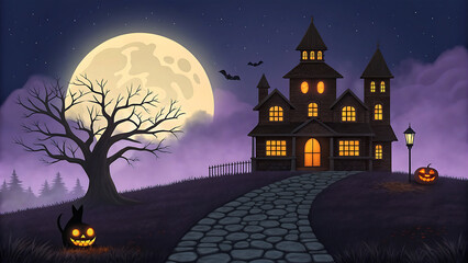 Spooky halloween night with haunted house full moon creepy tree and black cat