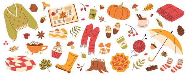 Set of cute autumn elements. Warm sweater, blanket, book, mushrooms, scarf, umbrella, boots, socks, pie, cocoa. Vector illustration.