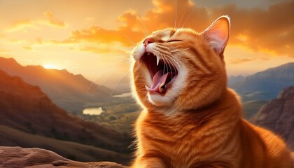 ginger cat yawning mouthful studio photography amazing landscape background