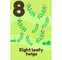  Eight playful leafy twigs with smiling faces float across a grassy background with the text 