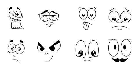 Set of Cartoon Facial Expressions – Hand Drawn Doodle Faces. Collection of eight hand-drawn cartoon faces displaying various emotions.