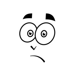 Sad Cartoon Face with Big Eyes and Frown Expression. Black and white cartoon face illustration showing a sad or disappointed expression with large round eyes, arched eyebrows, and a downturned mouth.